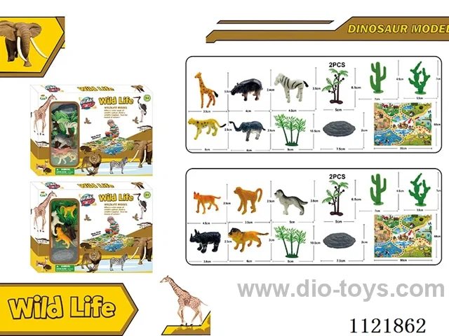2 inch wild animals 5PCS + big stone + small coconut tree + cactus + dry bamboo tree + map game AB mixed 12PCS