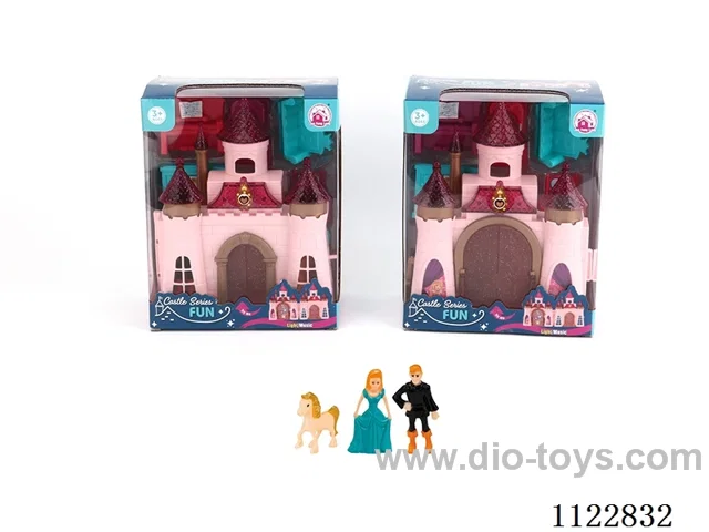 Unilateral colorful light castle with 12 music (pack three AG13 batteries, two mixed)+ princess/prince/horse/furniture