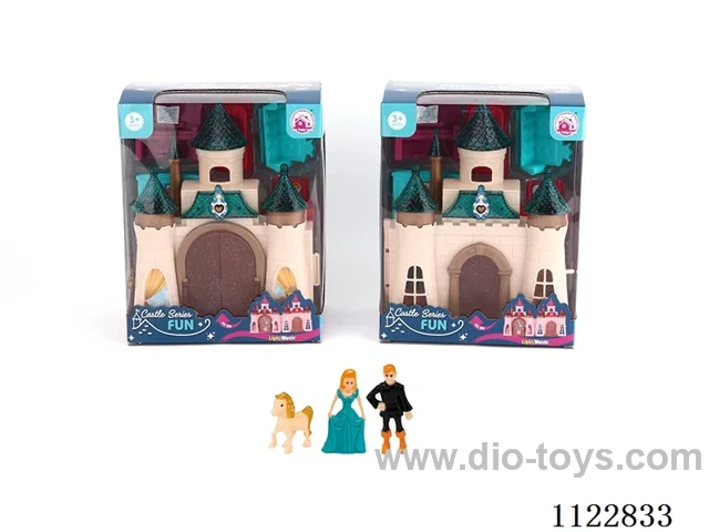 Unilateral colorful light castle with 12 music (pack three AG13 batteries, two mixed)+ princess/prince/horse/furniture