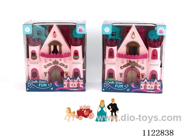 Single side flashing lights castle with 12 music (pack 2 AA batteries, two mixed)+ Princess/Prince/carriage/furniture