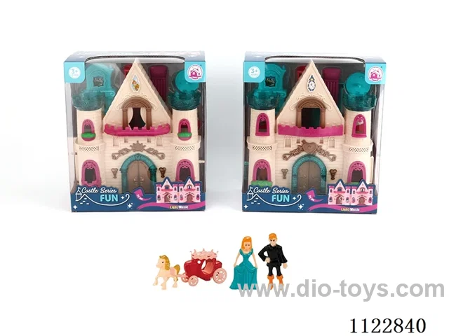 Single side flashing lights castle with 12 music (pack 2 AA batteries, two mixed)+ Princess/Prince/carriage/furniture