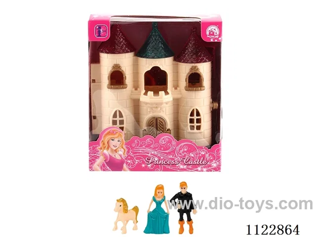 Mini Castle with colorful lights with 12 music (pack 3 AG13 batteries) + Princess/Prince/horse + Furniture (2 mixed)