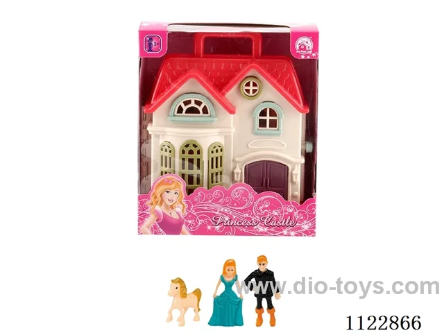 Mini Villa with colorful lights with 12 music (pack 2 AG13 batteries) + Princess/Prince/horse + Furniture (2 mixed)