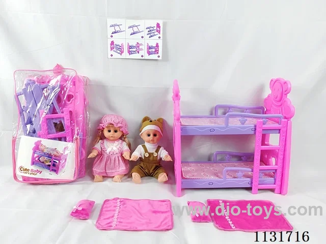2 14 inch dolls with English IC, bunk bed, 2 pillows, 2 quilts
