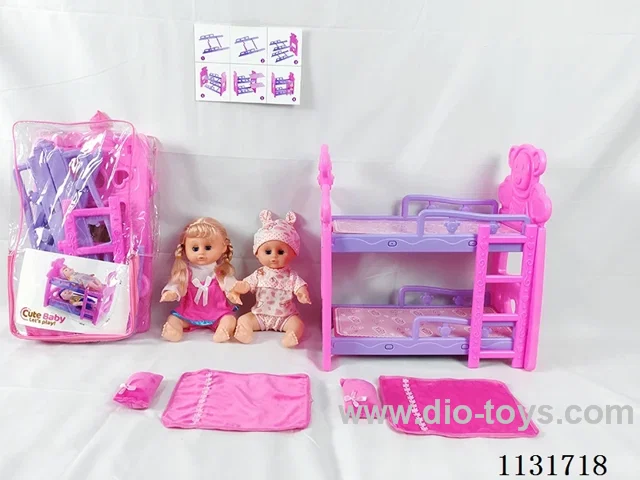 2 14" dolls with English IC, bunk beds, 2 pillows, 2 quilts
