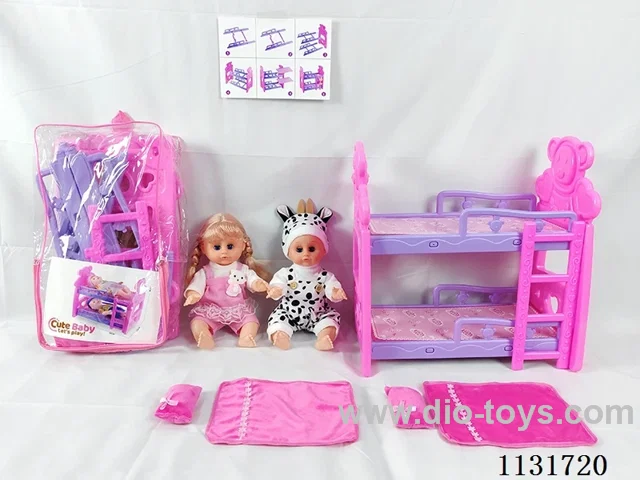 2 14" dolls with English IC, bunk beds, 2 pillows, 2 quilts