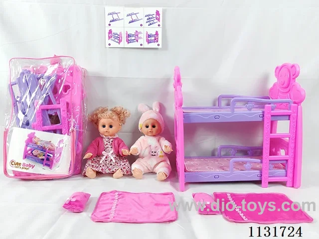 2 14" dolls with English IC, bunk beds, 2 pillows, 2 quilts