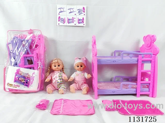 2 14" dolls with English IC, bunk beds, 2 pillows, 2 quilts
