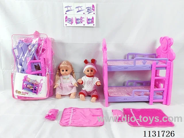 2 14" dolls with English IC, bunk beds, 2 pillows, 2 quilts