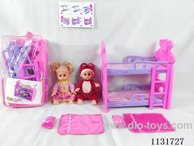 2 14" dolls with English IC, bunk beds, 2 pillows, 2 quilts