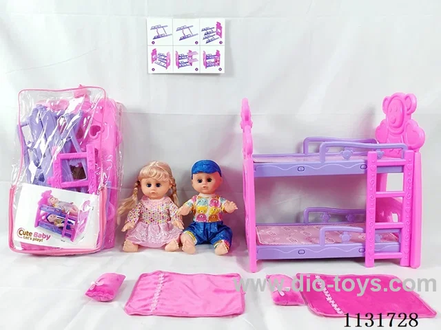 2 14" dolls with English IC, bunk beds, 2 pillows, 2 quilts