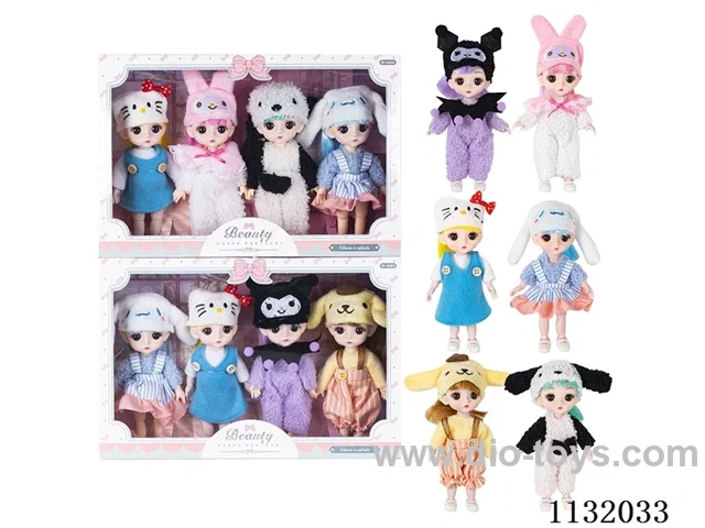 6" Solid 13 jointed 3D eye doll 4pcs.