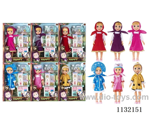 14" Vinyl Hands 3D Eyes Masha Bear Doll with Masha Theme Song Music with Accessories