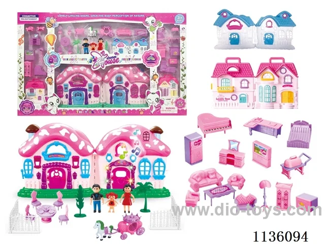 Battery operated villa with family of three, furnished enclosure (six lights, colourful, music)