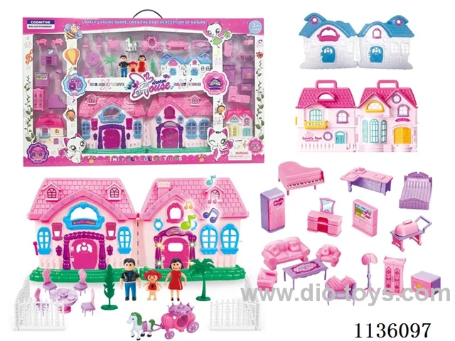 Battery operated villa with family of three, furnished enclosure (six lights, colourful, music)