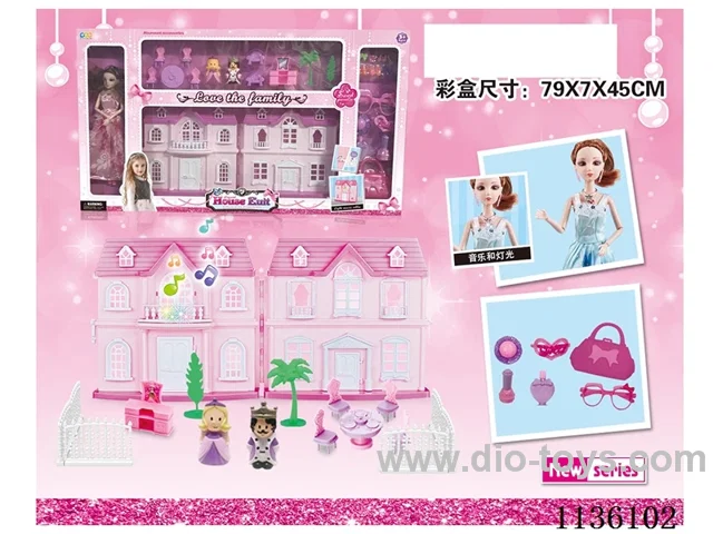 Simulation lighting music villa with prince and princess with 11 inch music Barbie, fence furniture. Accessories