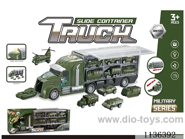 Military Slide Storage Car (Large Car Slide Function with Lights and Music/6 Small Cars Alloy Slide))