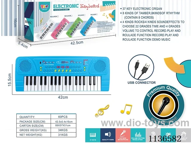 37 Keys Multifunction Electronic Piano with Microphone TYPEC Connector Cable (Blue)
