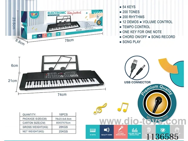54-Key Multi-Function Piano with Sheet Music Stand USB Cable Microphone (Black)