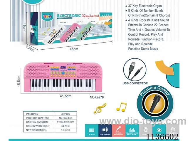 37 Keys Multifunctional Electronic Piano with Microphone USB Connector Cable (Pink)