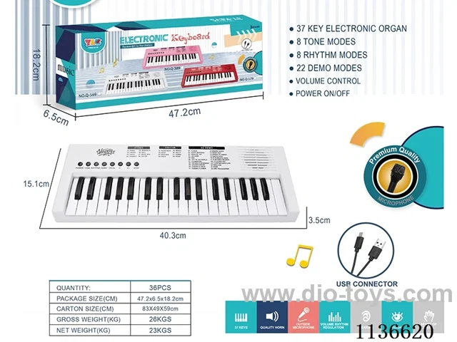 37-Key Multi-Function Piano with Microphone USB Cable (White)