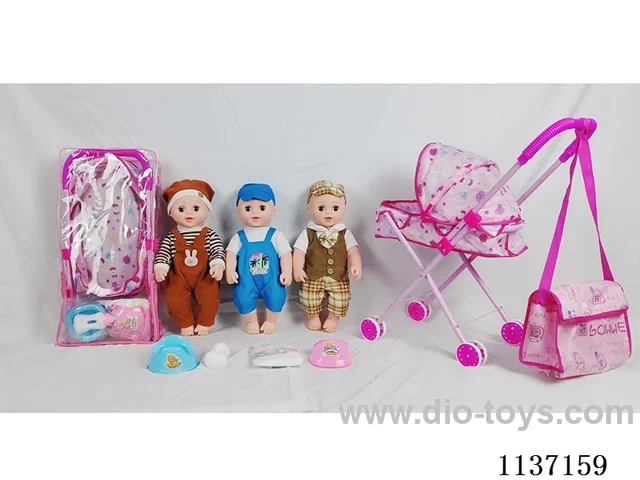 18’ Drinking Vinyl Doll with Urinal Function, English IC, Iron Trolley, Crossbody Bag, Set of 4