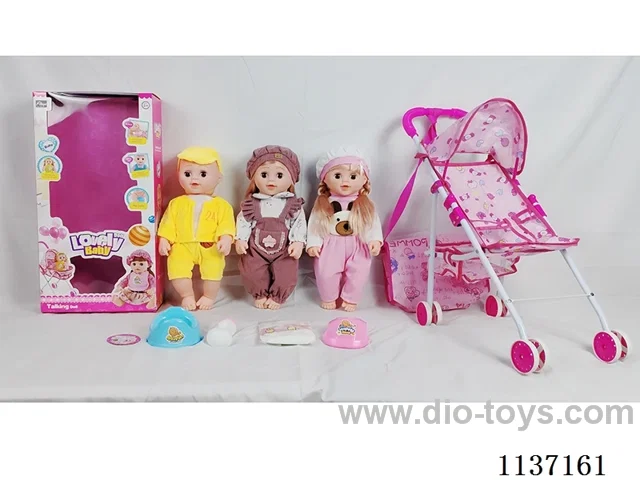 18’ Drinking Vinyl Doll with Urinal Function, English IC, Iron Wheelbarrow, Crossbody Bag, 4-Piece Set