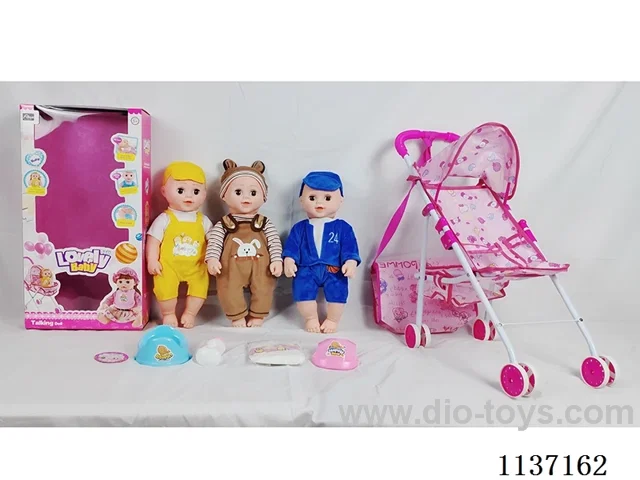 18’ Drinking Vinyl Doll with Urinal Function, English IC, Iron Wheelbarrow, Crossbody Bag, 4-Piece Set
