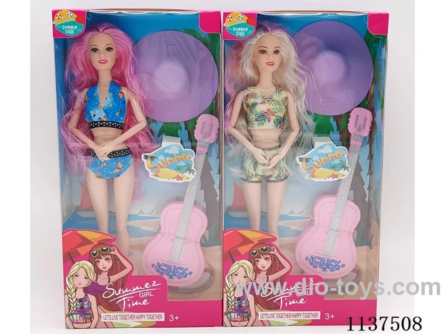 11.5" 9 joints solid long hair fashion swimsuit Barbie with hat + guitar 2 mixes