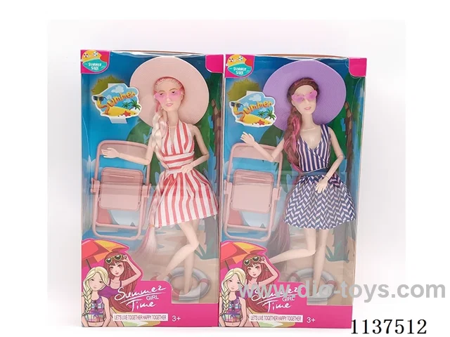 11.5" 11 joints solid long braid fashion swimsuit Barbie with hat + sunglasses + beach chair 2 mixes