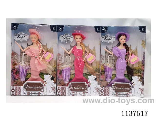 11.5" 9 joints solid long braided fishtail dress fashion Barbie with hat + bag + umbrella 3 models mixed