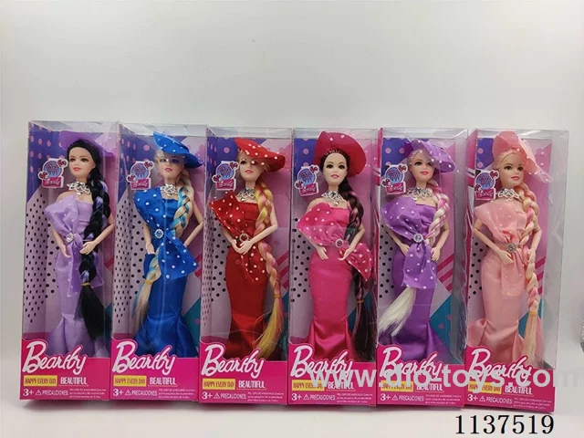 11 inch solid 9 joints long dress long braid barbie + necklace + hat 6 colours mix