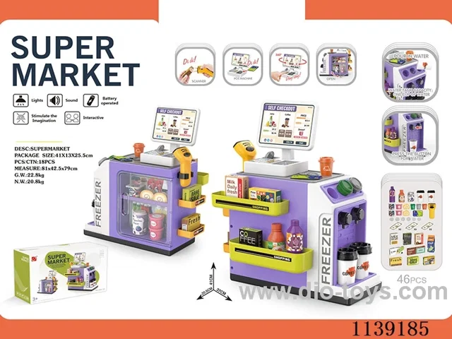 Mini Supermarket Table Set (Press to dispense water, with light, sound, 2pcs AA without battery, 2pcs AAA without battery) Purple