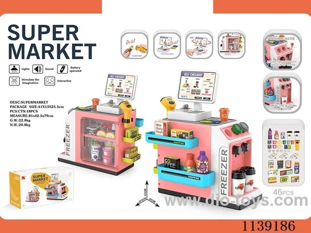 Mini supermarket table set (press to dispense water, with light, sound, 2 pcs AA unpacked, 2 pcs AAA unpacked) pink