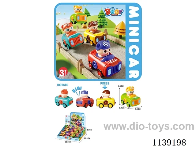 Push animal cartoon car 12pcs (with whistle, can be filled with sugar) blue, red, yellow, green 4 colours 4 models mixed)