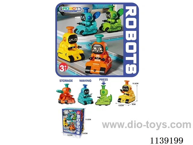 Press Robot Cartoon Car (with candy) 4 colours, blue, orange, yellow, green, 4 mixes
