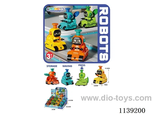 Push Robot Cartoon Car 12pcs (with candy) 4 colours, blue, orange, yellow, green, 4 mixes