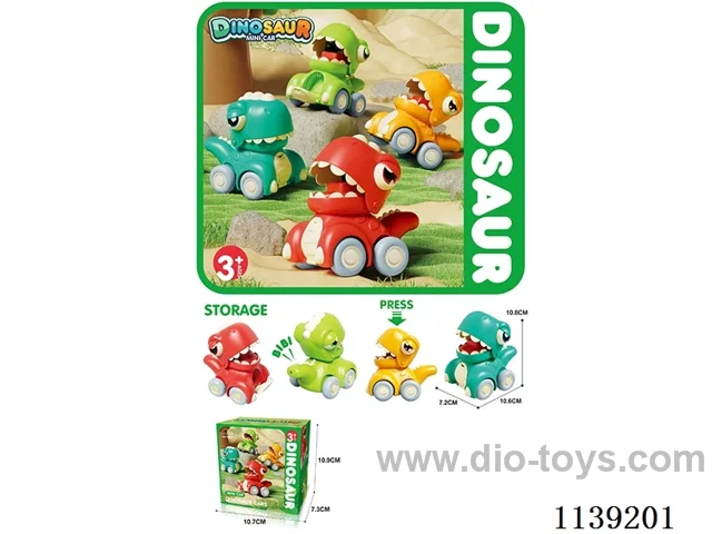 Push Dinosaur Cartoon Car (with whistle, can be filled with sugar) 4 colours, blue, red, yellow, green, 4 mixed packs
