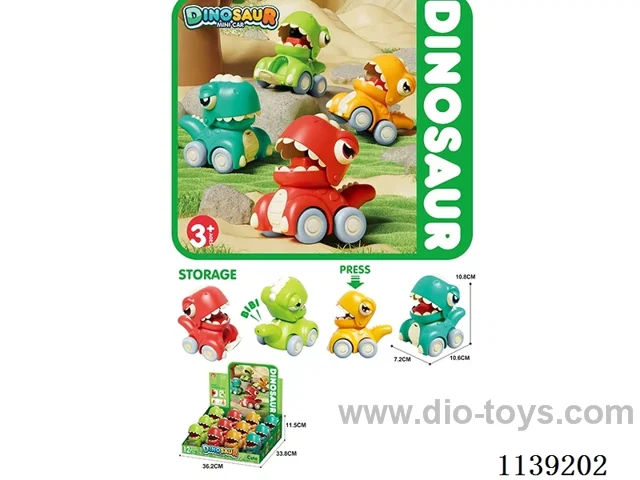 Push Dinosaur Cartoon Car 12pcs (with whistle, can be loaded with sugar) 4 colours, blue, red, yellow, green, 4 models mixed)