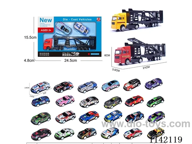 Alloy tractor trailer with 2 sports cars (pull back)