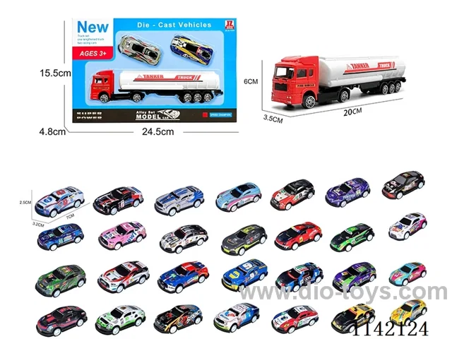 Red Alloy Tanker Carrying 2 Sports Cars (Pull Back)
