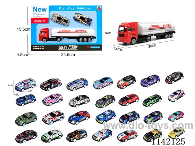 2 x red alloy tanker trucks carrying 2 sports cars (pull back)