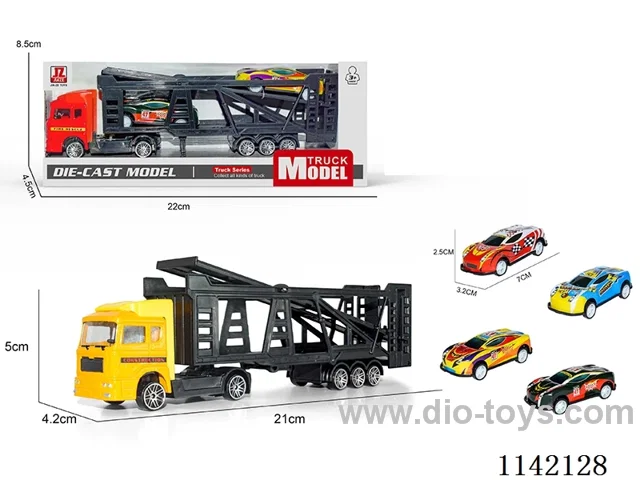 2 Colours Alloy Tractor Trailer Carrying 2 Sports Cars (Skidding)