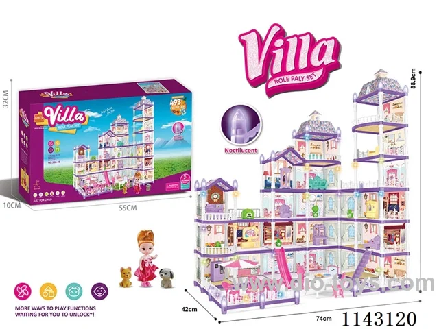 Glow-in-the-dark purple DIY assembled castle doll house 493PCS with coloured lights
