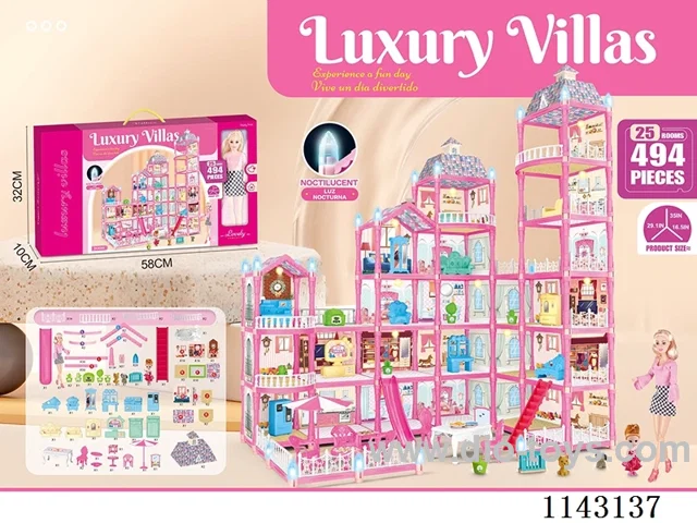 Glow-in-the-dark DIY assembled castle villa 494PCS with lights-11 inch big Barbie