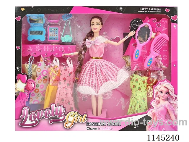 11.5 inch 30cm 11 joints solid body colour printing eyes long braid Barbie doll + clothes + mirror comb + blister accessories a variety of mixed