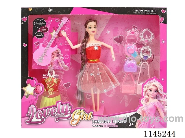 11.5 inch 30cm 9 joints solid body colour printing eyes long braid Barbie + guitar + clothes + blister accessories many mixed