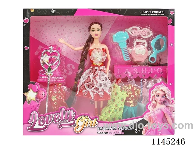 11.5 inch 30cm 9 joints solid body colour printing eyes long braid Barbie doll + clothes + scepter + plastic accessories mixed variety