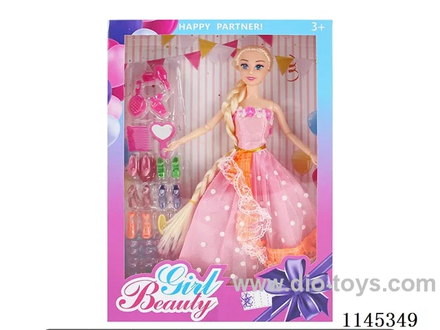 11.5’ 30cm 9 jointed solid body colour print eye Barbie + shoe ladder + accessories (dress multi-colour mix)