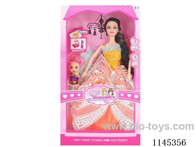 11.5’ 30cm 9 joints solid body colourful print eye Barbie + 3 inch doll (clothes multi-colour mix)